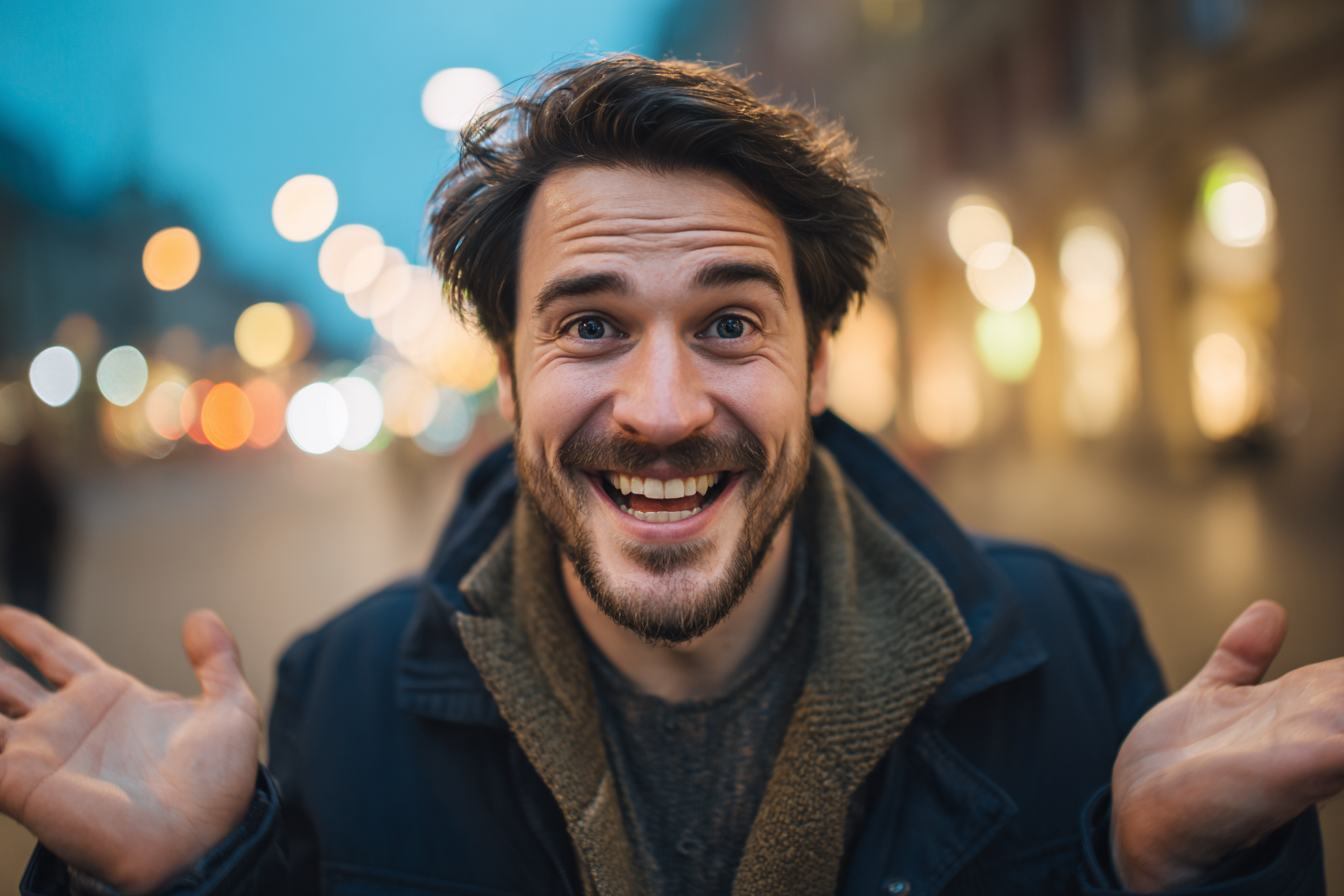 Ein grinsender Mann, der unschuldig gestikuliert | Quelle: Midjourney