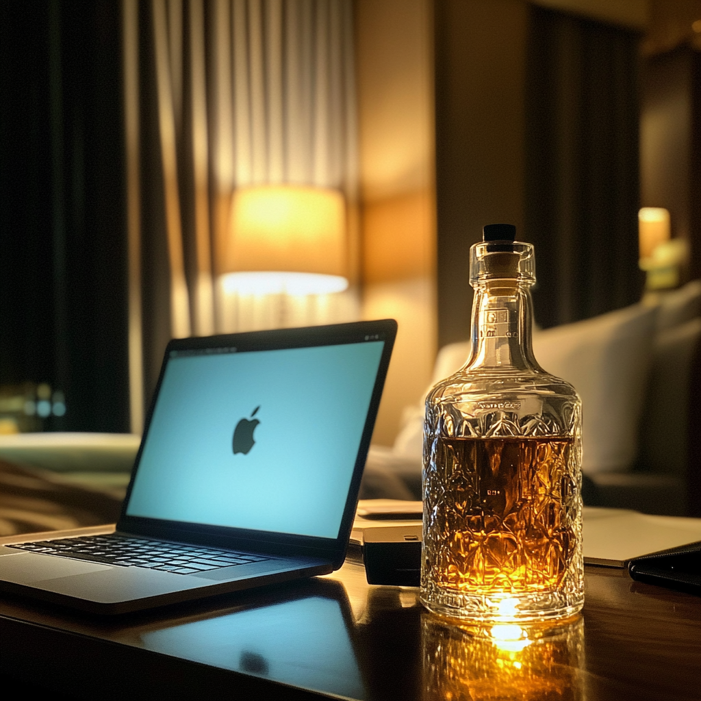 Ein Laptop und eine Flasche Whiskey | Quelle: Midjourney