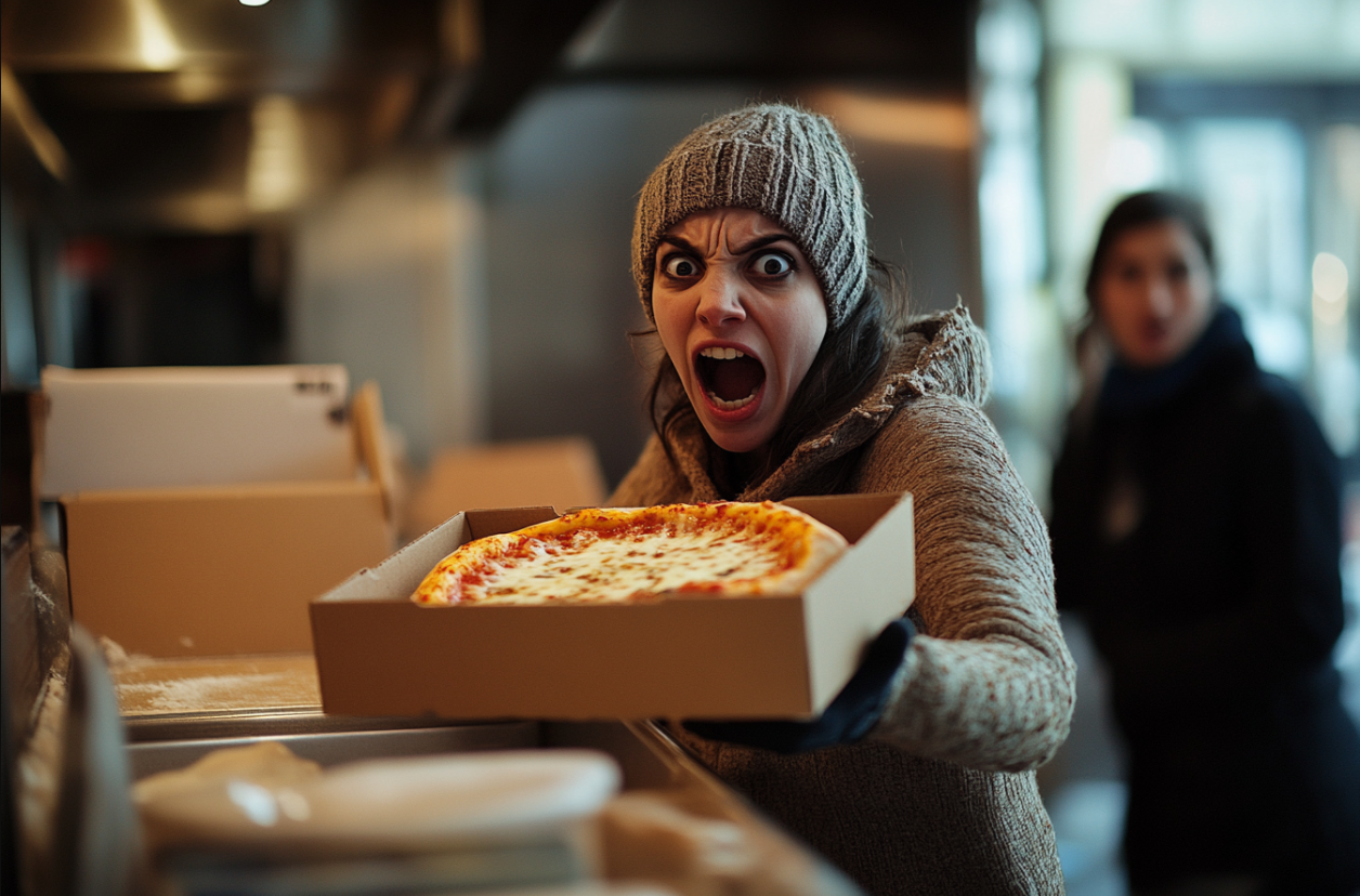 Eine Frau, die eine Pizza trägt | Quelle: Midjourney