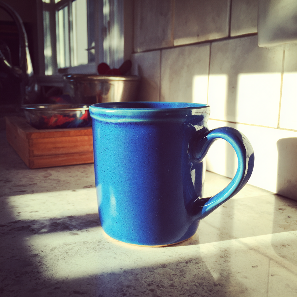 Ein blauer Becher auf einer Küchentheke | Quelle: Midjourney