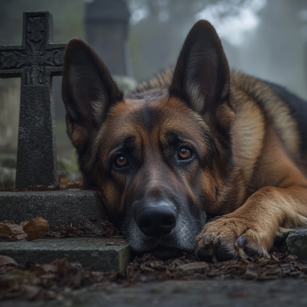 Ein trauernder Deutscher Schäferhund liegt auf einem Friedhof | Quelle: Midjourney