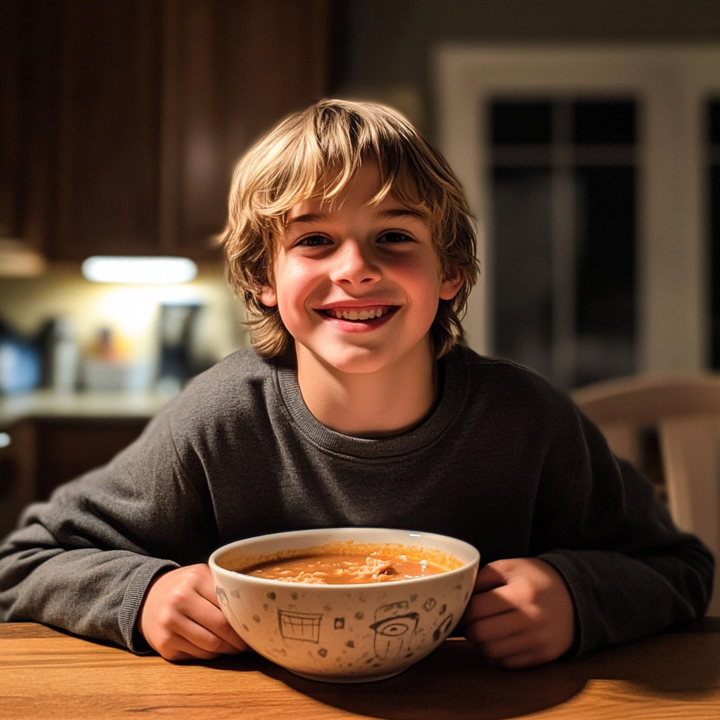 Um menino sentado à mesa | Fonte: Midjourney