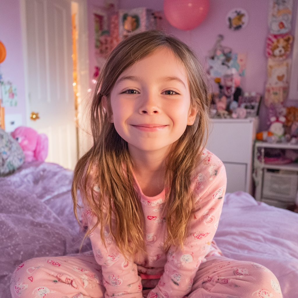 Ein kleines Mädchen sitzt auf ihrem Bett | Quelle: Midjourney