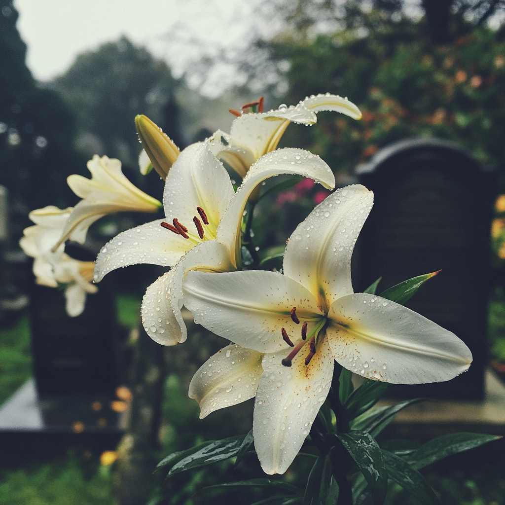 Lilien, die aus einem Grab auf einem Friedhof wachsen | Quelle: Midjourney