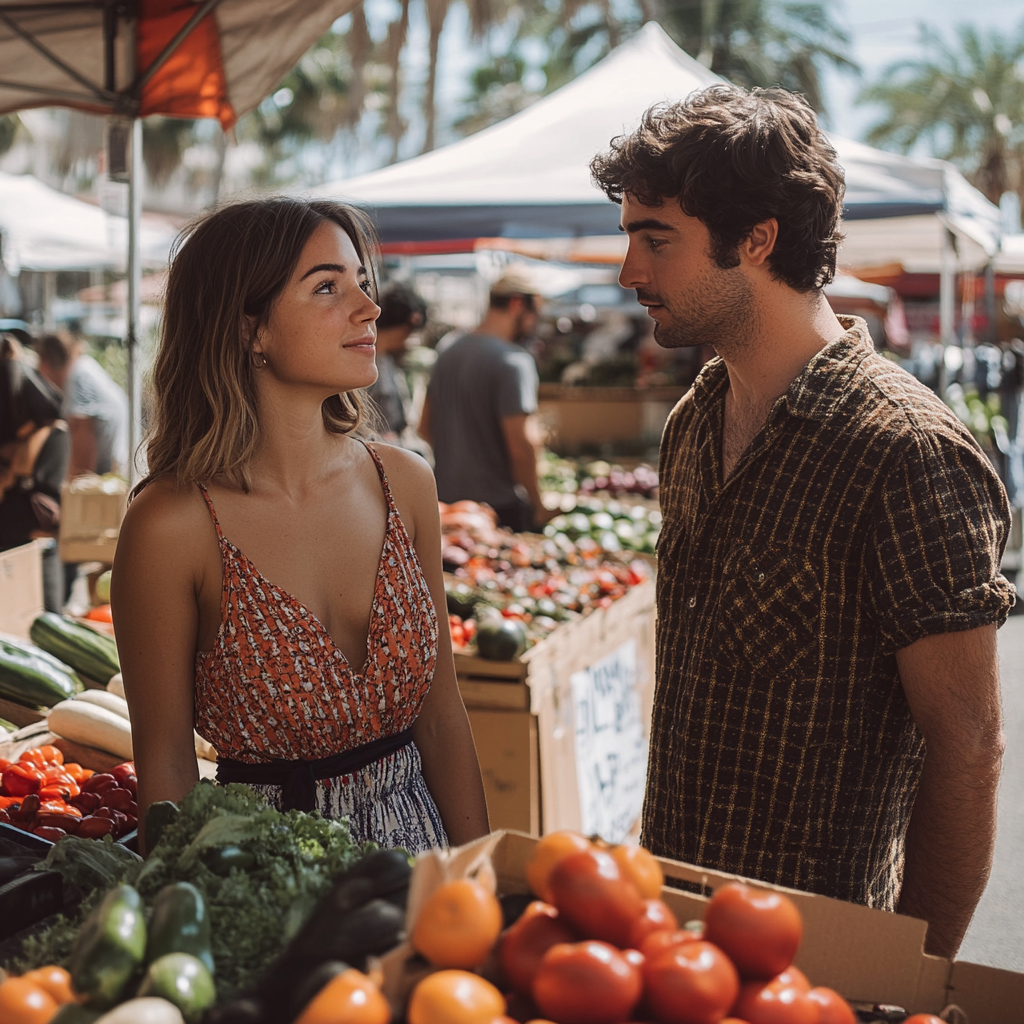 Pessoas conversando em um mercado de agricultores | Fonte: Midjourney