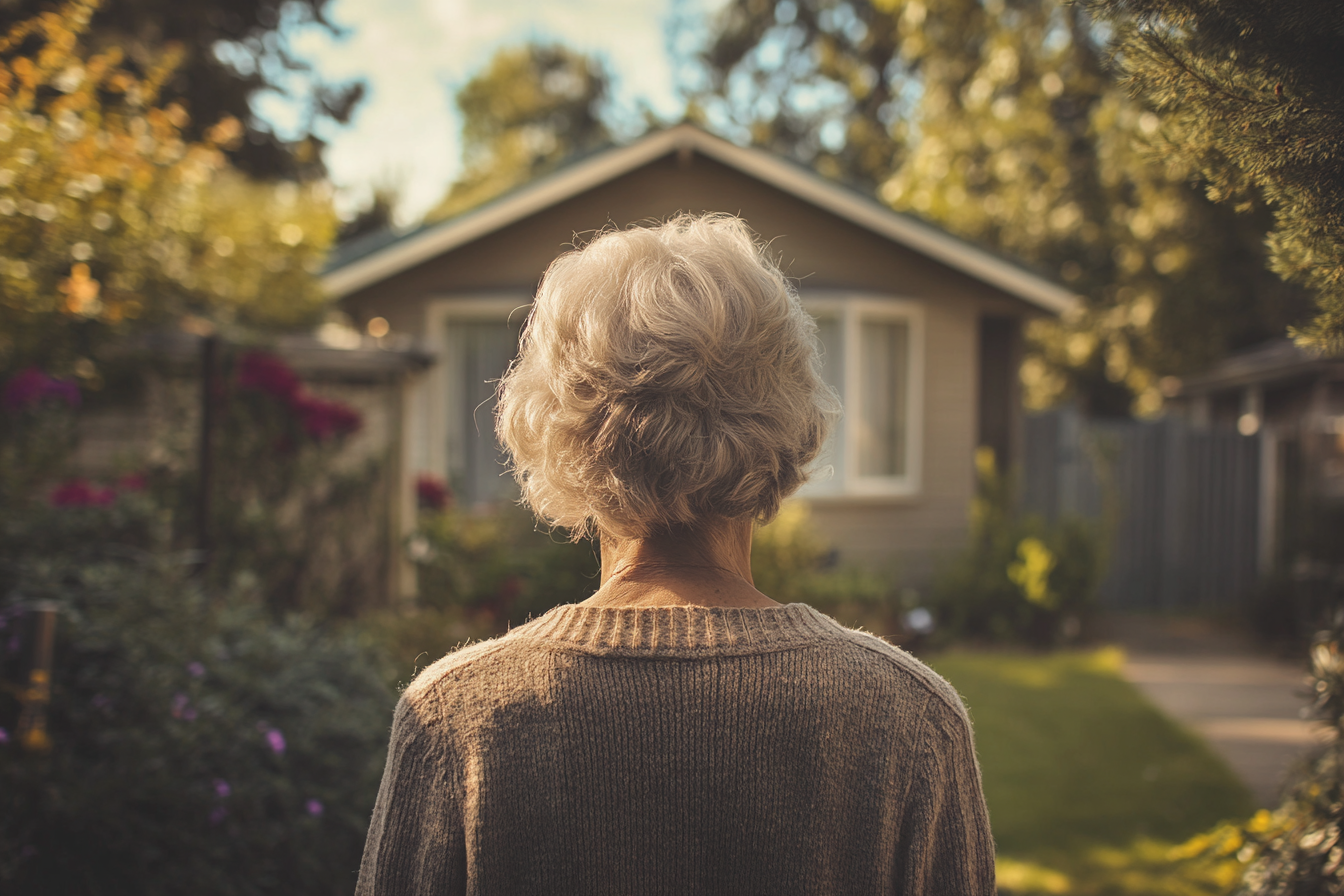 Eine ältere Frau steht vor einem Haus | Quelle: Midjourney
