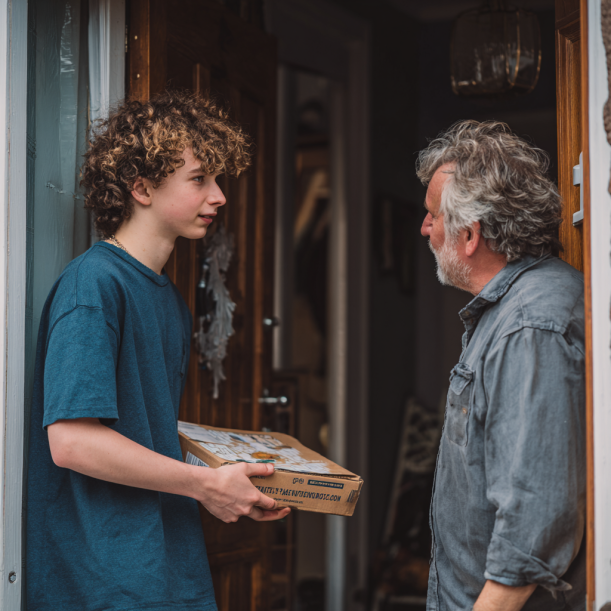 Ein älterer Mann öffnet die Tür, um mit einem jungen Mann zu sprechen | Quelle: Midjourney