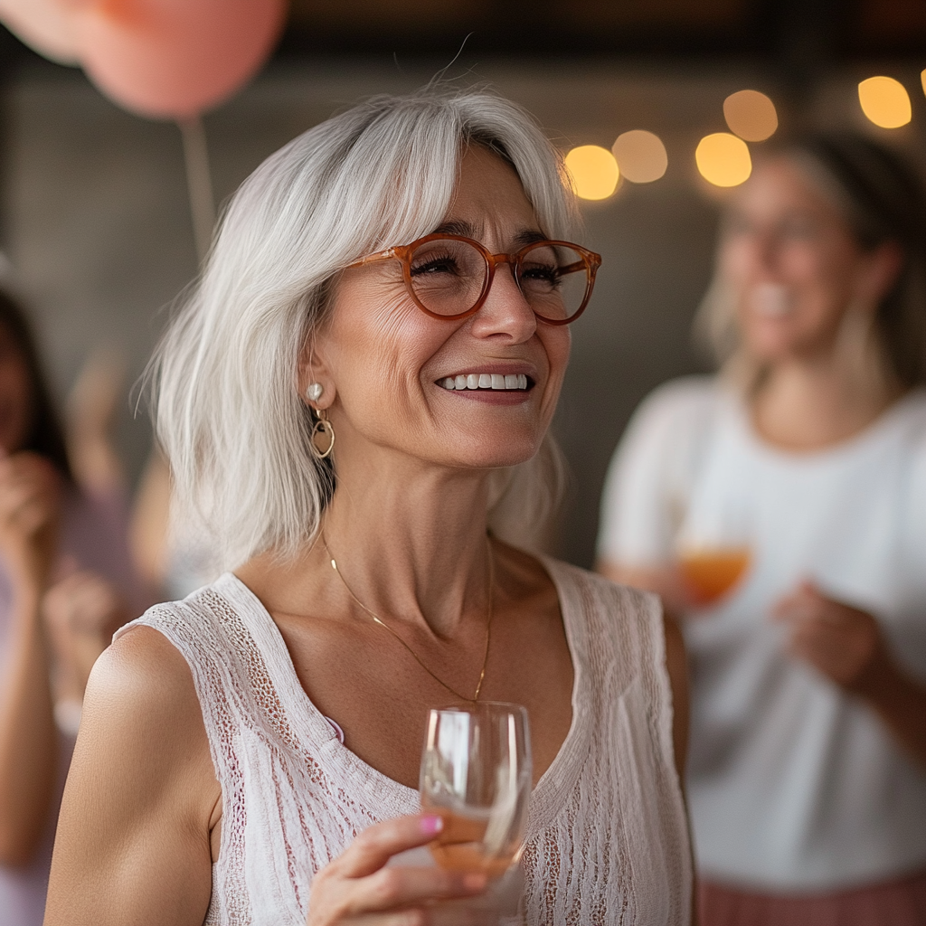 Eine glückliche Frau, die sich auf einer Geburtstagsparty unterhält | Quelle: Midjourney