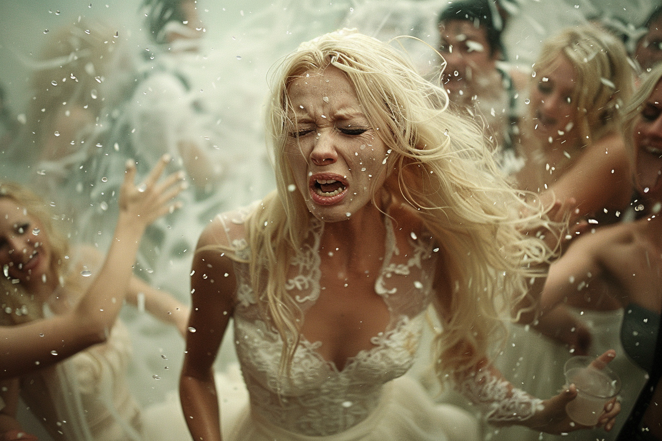 Eine wütende Braut, umgeben von widerspenstigen Gästen | Quelle: Midjourney