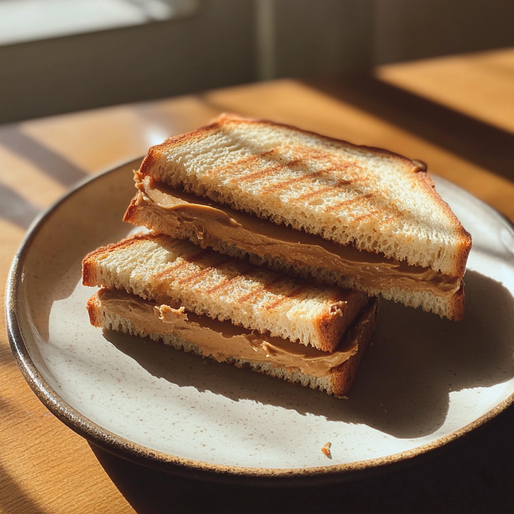 Ein Erdnussbuttersandwich auf einem Teller | Quelle: Midjourney