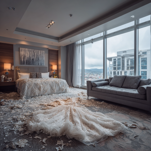 Ein zerstörtes Hochzeitskleid in einer Hotelsuite | Quelle: Midjourney