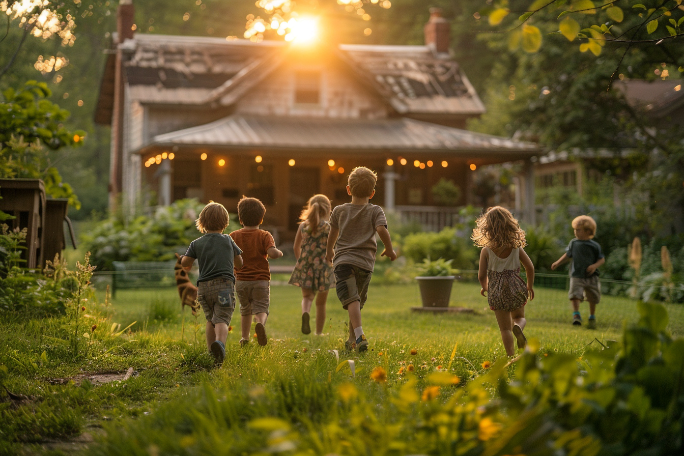 Kinder spielen vor einem Haus | Quelle: Midjourney