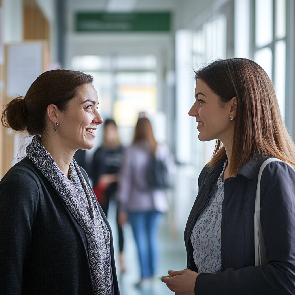 Zwei Frauen unterhalten sich in einer Schule | Quelle: Midjourney