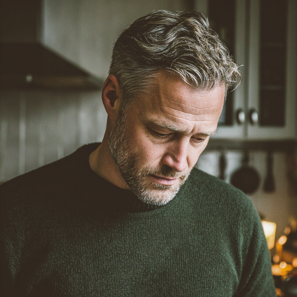 Ein emotionaler Mann, der einen grünen Pullover trägt | Quelle: Midjourney