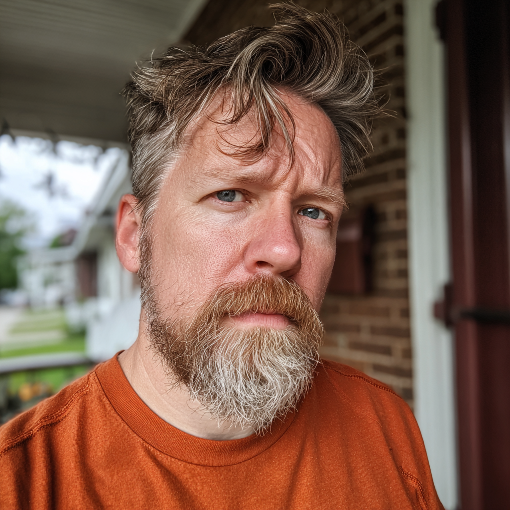 Ein stirnrunzelnder Mann mit einem orangefarbenen T-Shirt | Quelle: Midjourney
