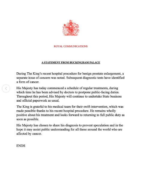 Das Statement zur Bekanntgabe der Krebsdiagnose von König Karl III. am 5. Februar 2024 | Quelle: Instagram/theroyalfamily