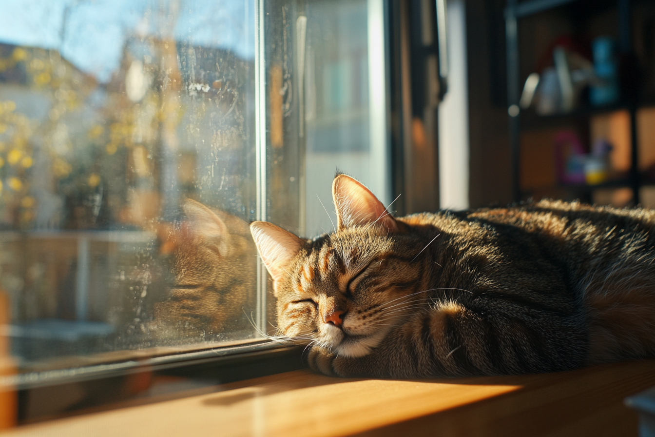 Eine Katze, die in der Nähe eines Glasfensters schläft | Quelle: Midjourney