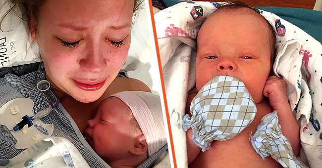 Die leibliche Mutter Hannah Mongie weint, während sie ihr Neugeborenes Taggart [links]; Taggart [rechts]. | Quelle: Facebook.com/hmongie