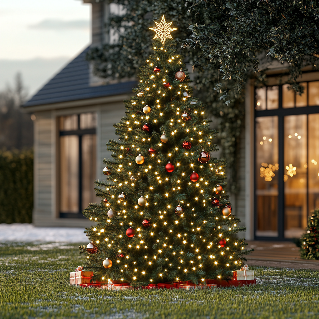 Ein schöner Weihnachtsbaum vor einem Haus | Quelle: Midjourney