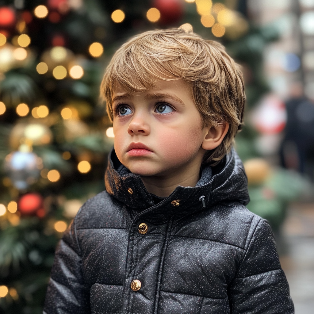 Ein trauriger Junge neben einem Weihnachtsbaum | Quelle: Midjourney