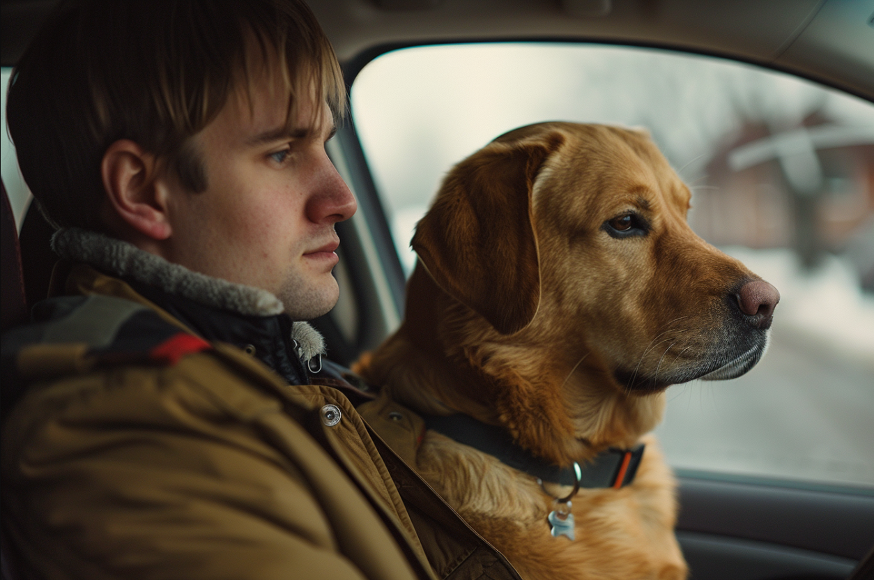 Ein Mann und sein Hund in einem Auto | Quelle: Midjourney