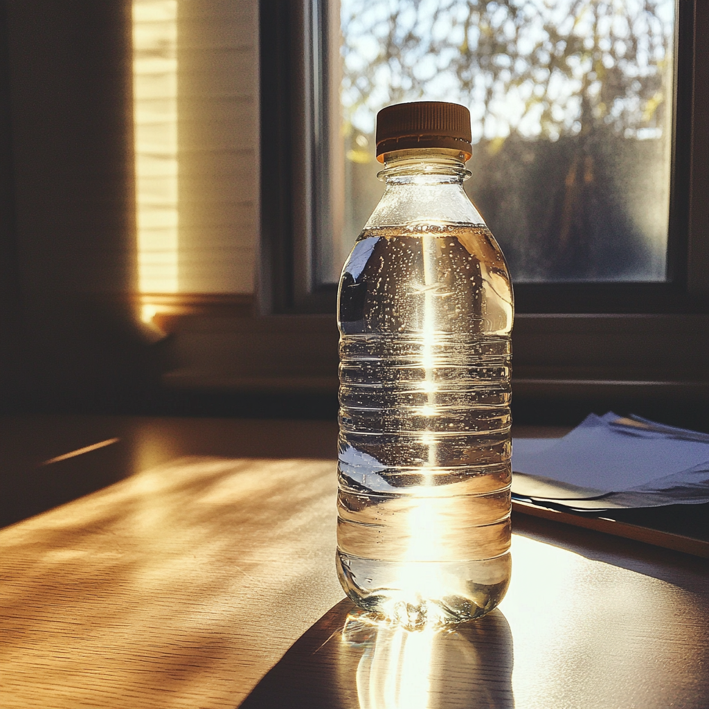 Eine Wasserflasche auf einem Schreibtisch | Quelle: Midjourney