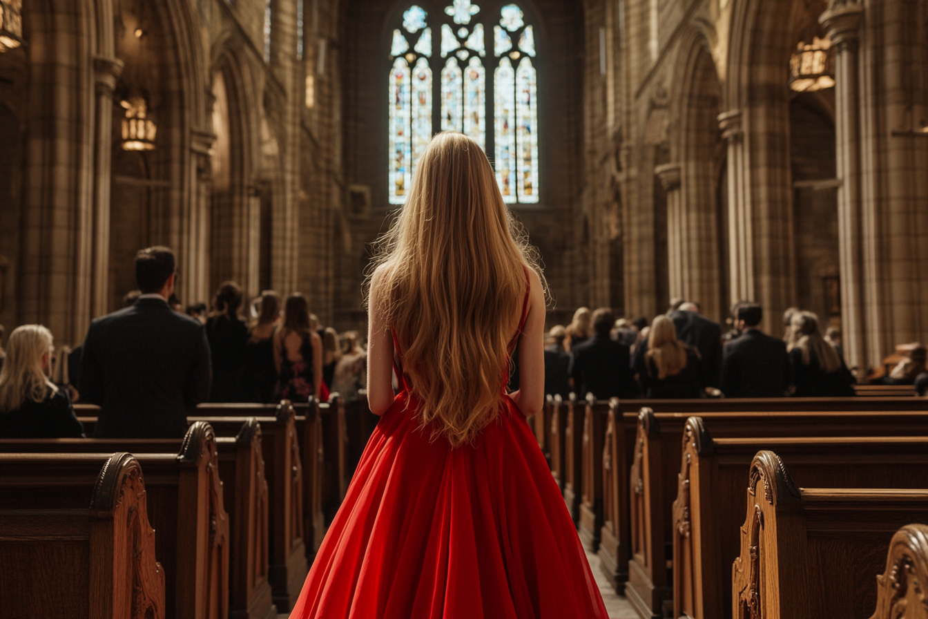 Eine Braut betritt eine Kirche in einem roten Hochzeitskleid | Quelle: Midjourney