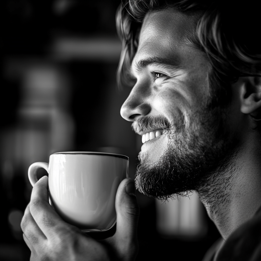 Um homem sorridente com uma xícara de café na mão⏐ Fonte: Midjourney