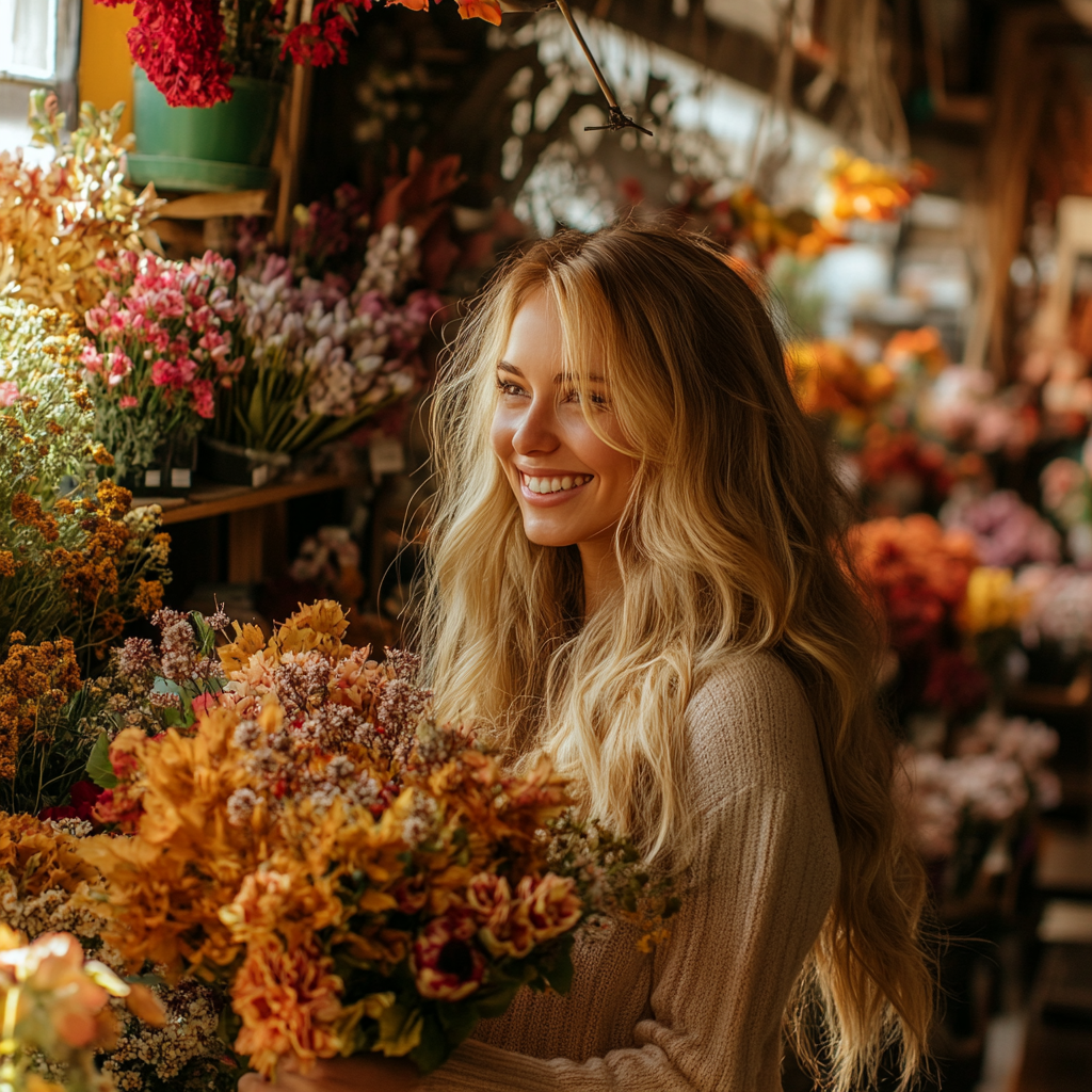 Eine lächelnde Frau mit einem Blumenstrauß | Quelle: Midjourney