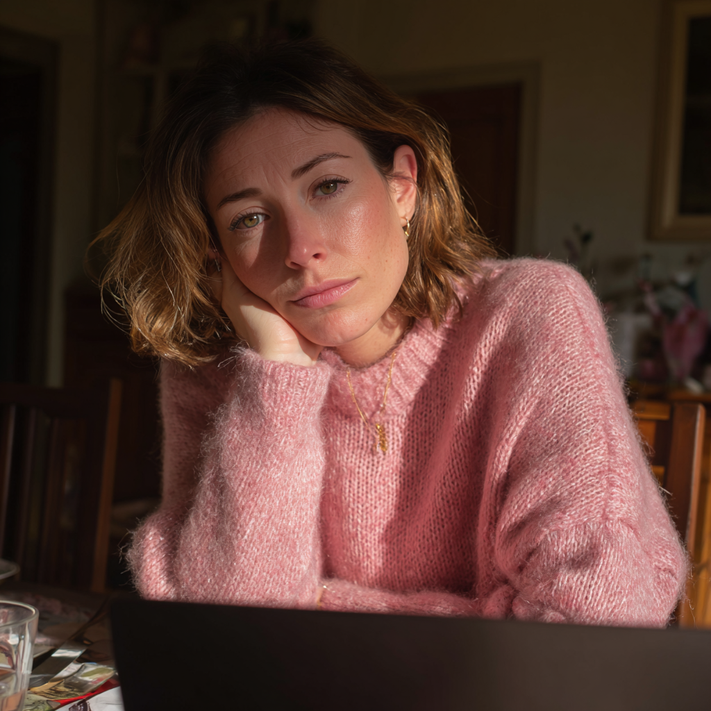 Eine müde Frau sitzt am Esstisch mit einem Laptop | Quelle: Midjourney