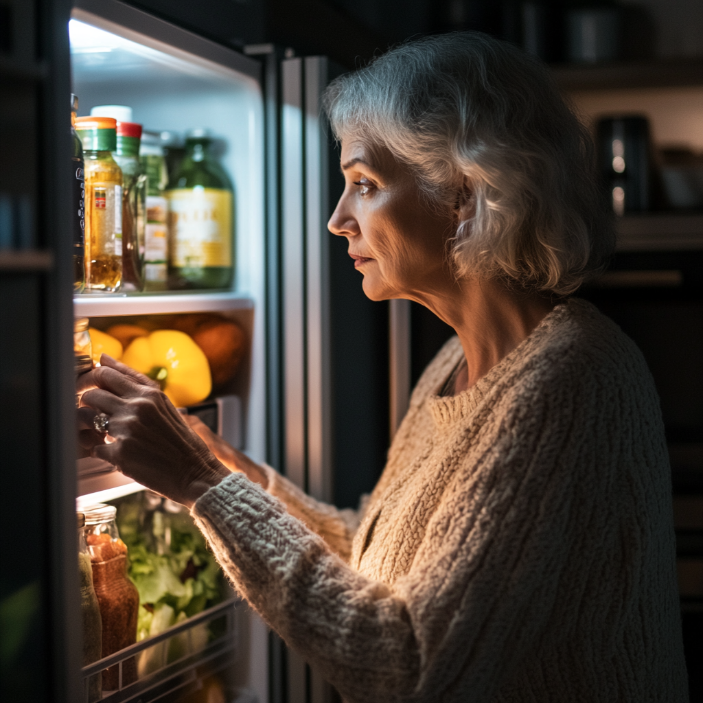 Eine Frau, die ihren Kühlschrank durchsucht | Quelle: Midjourney