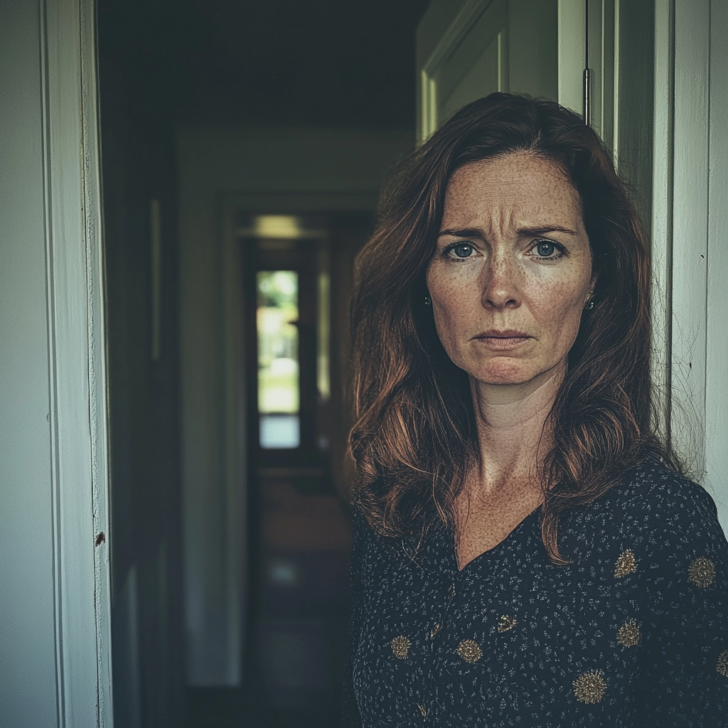Eine verärgerte Frau, die in einem Hauseingang steht | Quelle: Midjourney