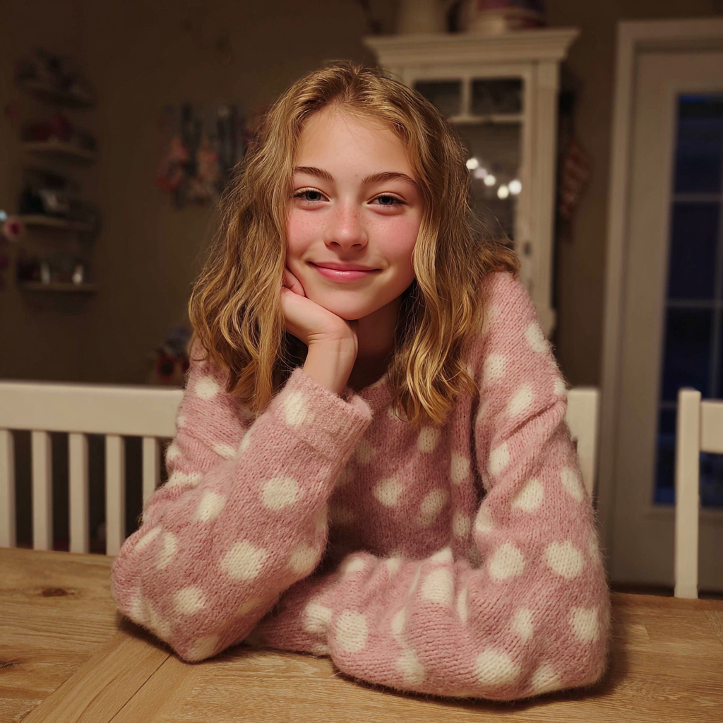 Ein lächelndes Teenager-Mädchen sitzt an einem Tisch | Quelle: Midjourney