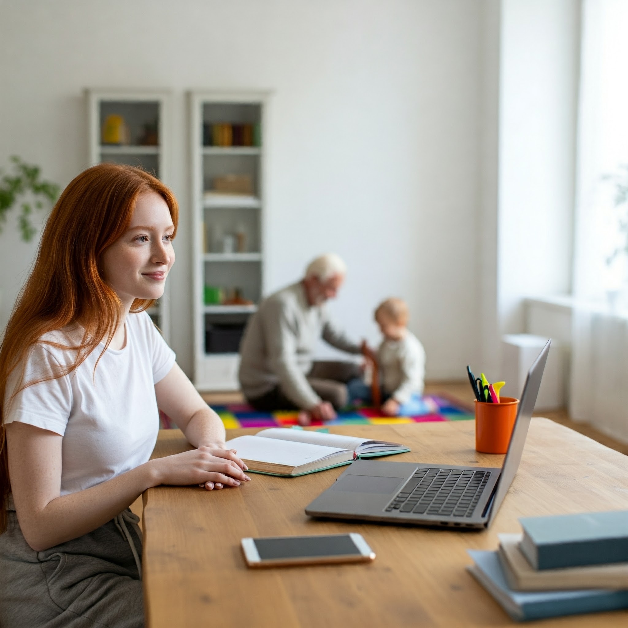 Eine Frau, die den Computer benutzt, mit einem Großvater und einem Baby im Hintergrund | Quelle: Gemini