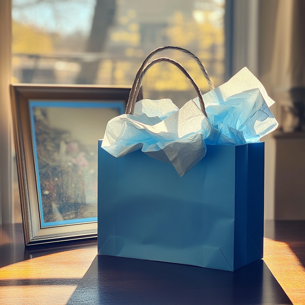 Eine blaue Geschenktüte auf einem Tisch | Quelle: Midjourney