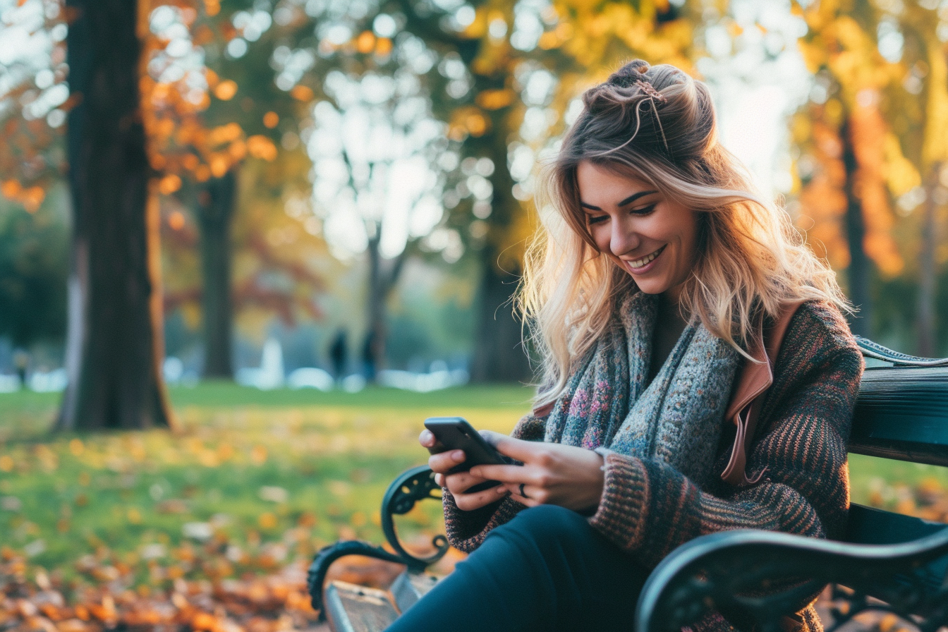 Eine Frau lächelt, während sie auf ihr Telefon schaut, während sie auf einer Parkbank sitzt | Quelle: Midjourney