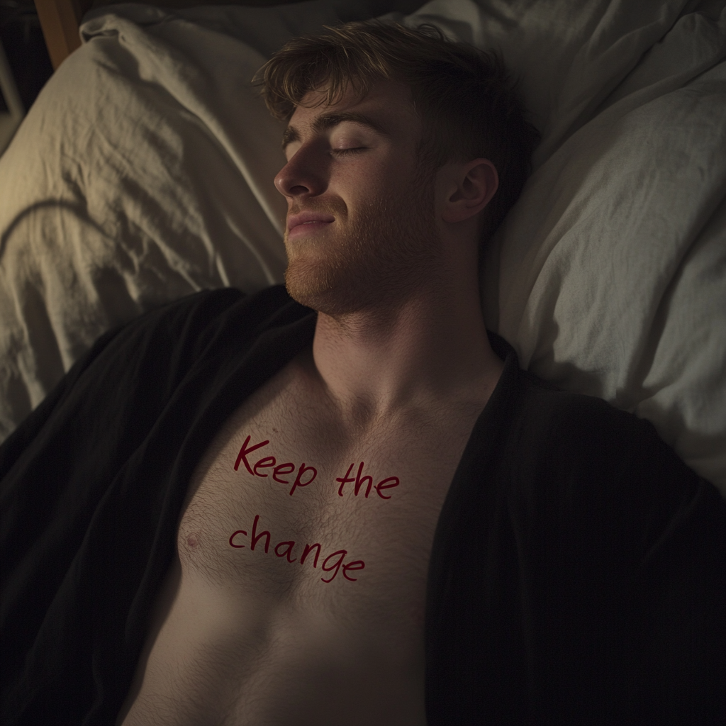 Die Worte 'Keep the change' written on a man's chest | Source: Midjourney