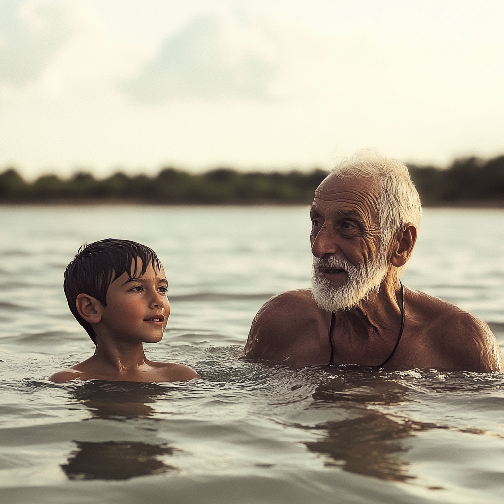 Ein alter Mann und ein kleiner Junge beim Schwimmen | Quelle: Midjourney