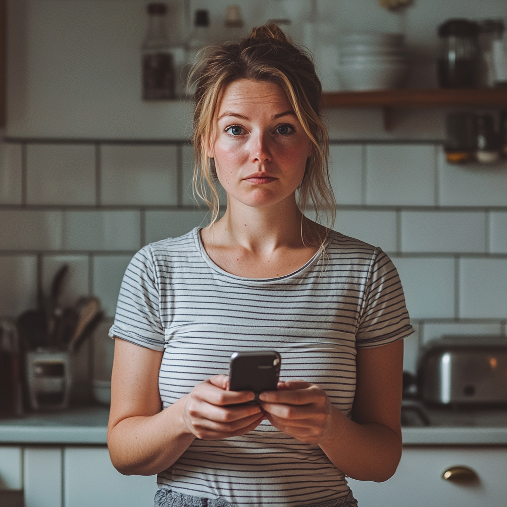 Eine verwirrte Frau, die ihr Telefon hält | Quelle: Midjourney