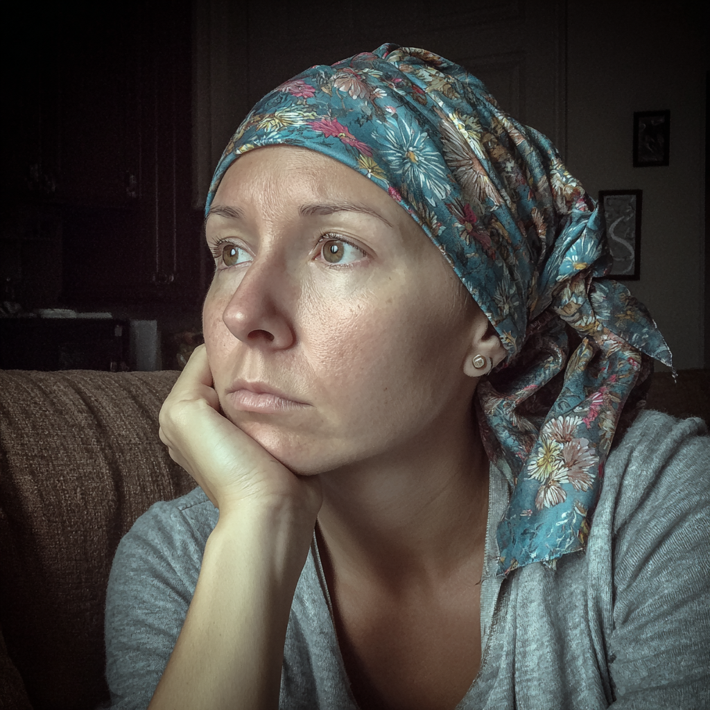 Zamyślona kobieta siedząca na kanapie | Źródło: Midjourney
