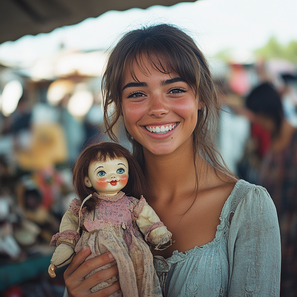 Eine glückliche Frau hält eine Puppe | Quelle: Midjourney
