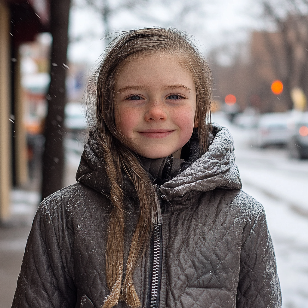 Ein lächelndes junges Mädchen, das bei eiskaltem Wetter eine warme Winterjacke trägt | Quelle: Midjourney