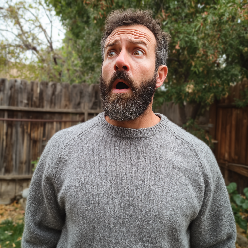 Ein geschockter Mann steht in einem Hinterhof | Quelle: Midjourney