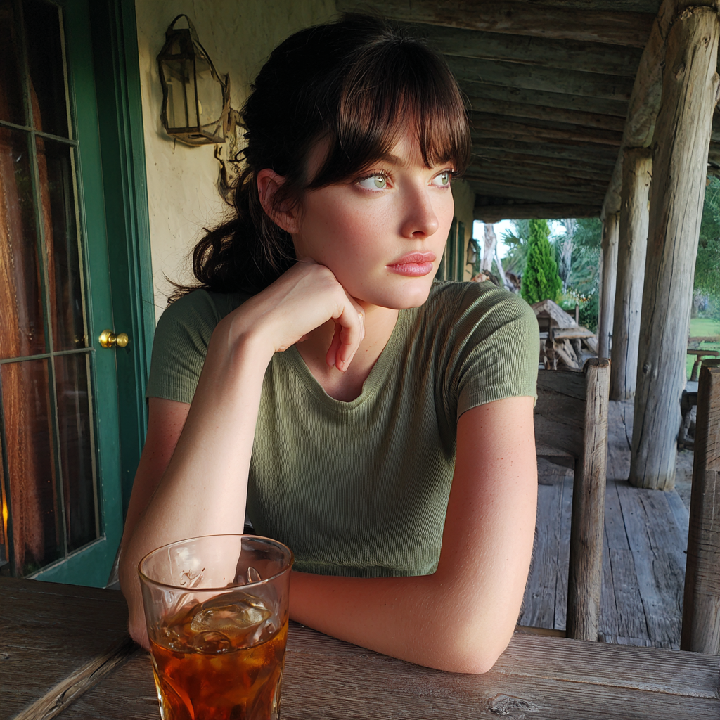 Eine junge Frau sitzt an einem Tisch mit einem Glas Eistee | Quelle: Midjourney
