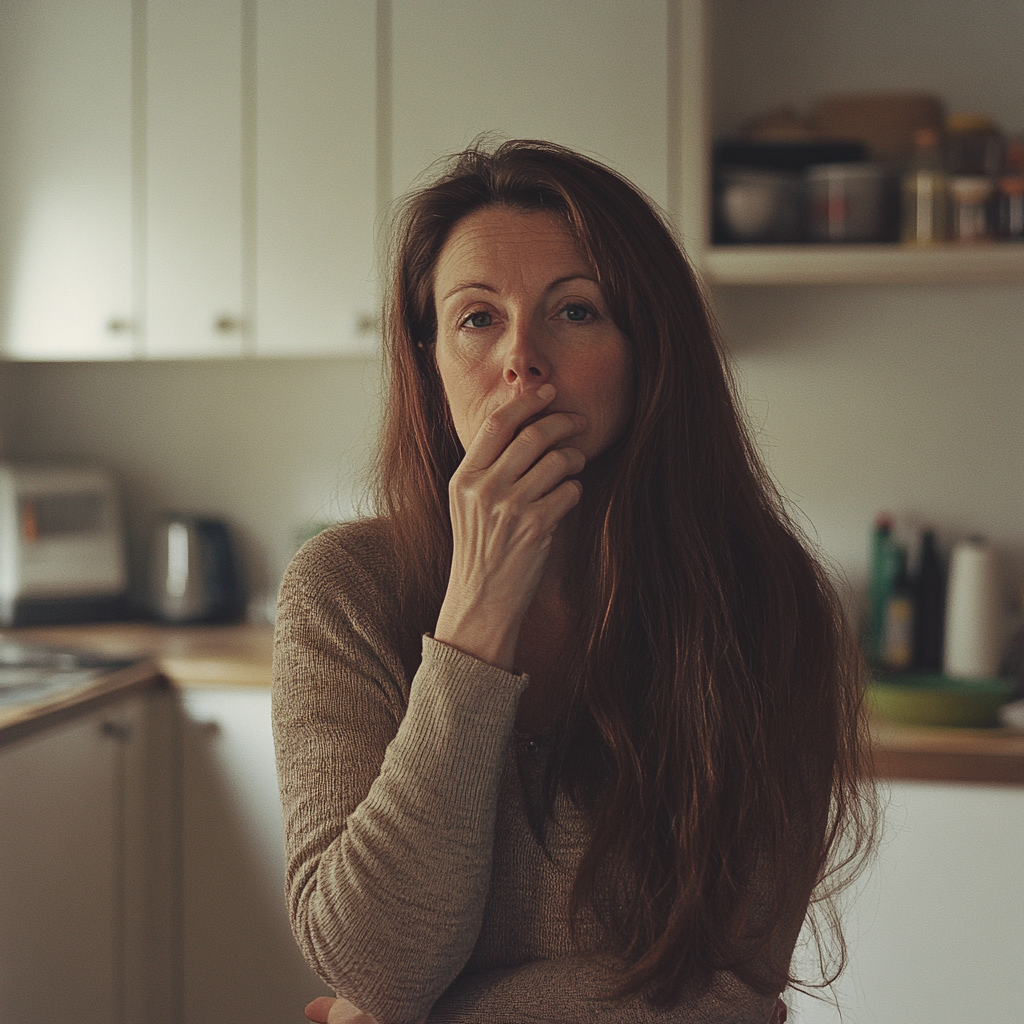 Eine Frau in einer Küche mit der Hand auf dem Mund | Quelle: Midjourney