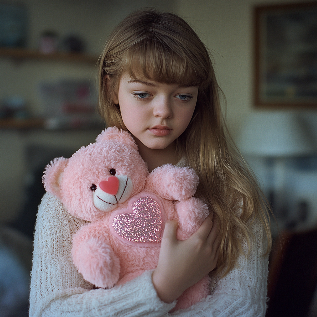 Ein unglückliches Mädchen, das einen Teddybär umklammert | Quelle: Midjourney