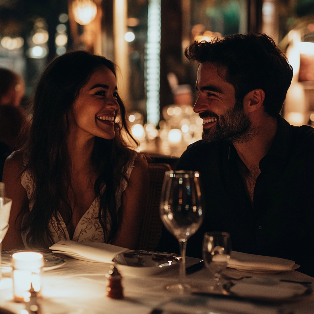 Mann und Frau in einem schicken Restaurant beim Abendessen | Quelle: Midjourney