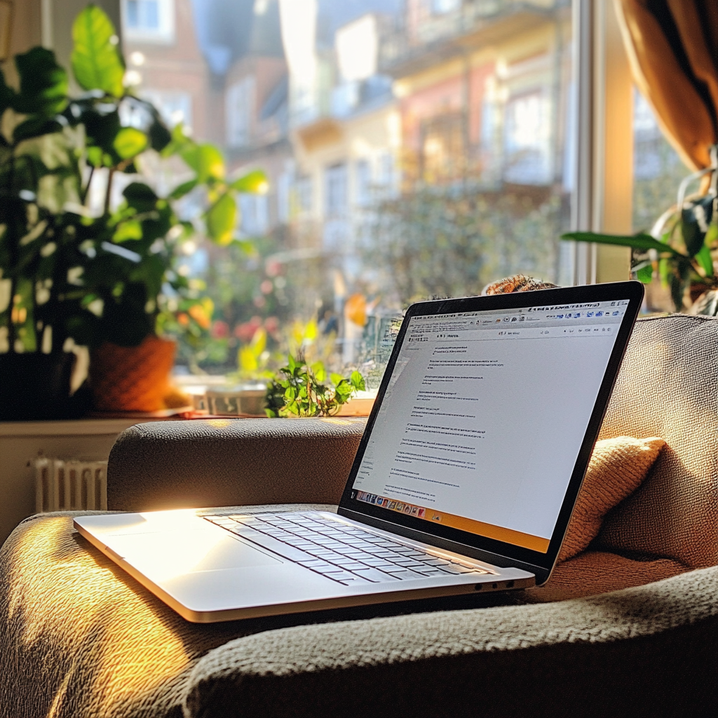 Ein offener Laptop auf einem Sessel | Quelle: Midjourney