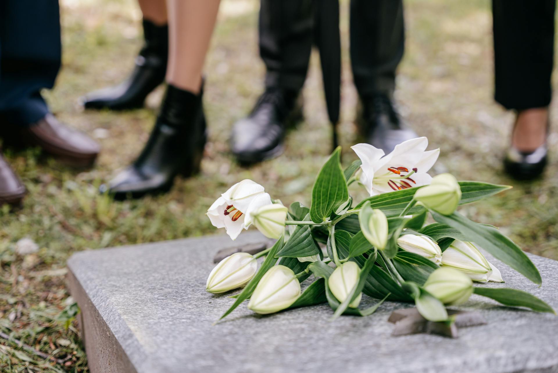 Weiße Lilien auf einem Grabstein | Quelle: Pexels