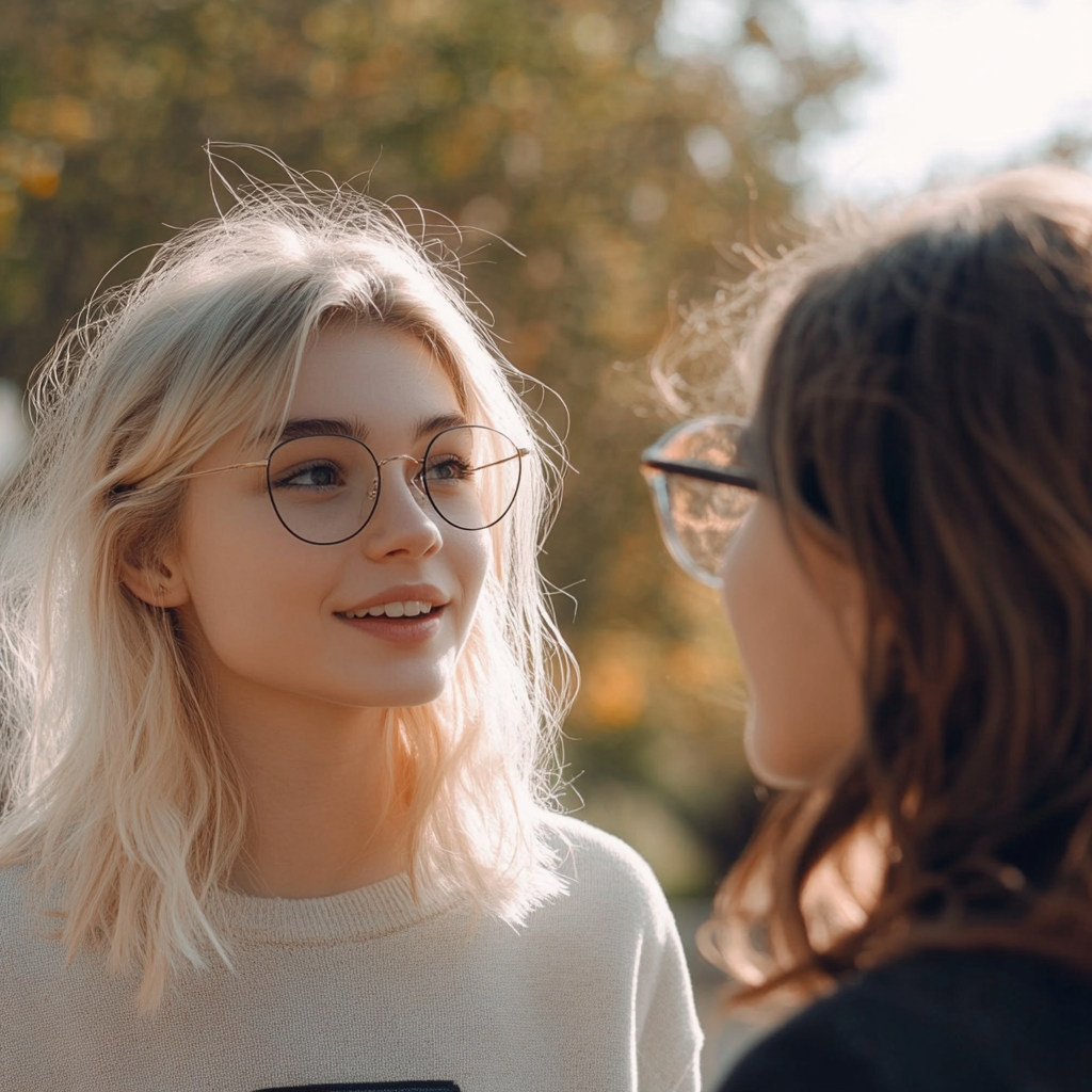 Die glückliche Emily im Gespräch mit Sara | Quelle: Midjourney